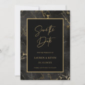 黒い大理石の瑪瑙縁ど金ゴールドは日付を保存 招待状 (正面)