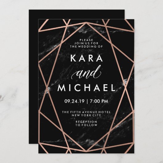 黒い大理石の結婚式の幾何学的なのどのばら色の金ゴールド 招待状 (正面/裏面)