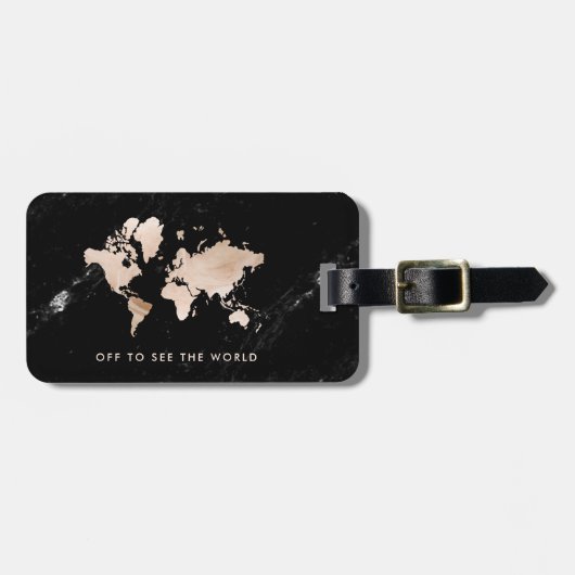 黒い大理石の軽い金ゴールドの世界地図 ラゲッジタグ (正面横)
