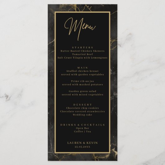 黒い大理石の金ゴールド縁どの結婚メニューカード メニュー (正面)