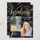 黒い大理石金ゴールドスクリプトフォト卒業 招待状 (正面/裏面)