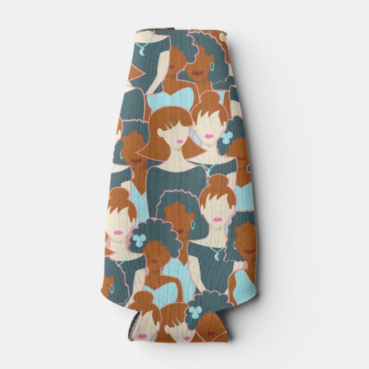 黒い女の子と白い女の子とのシームレスなパターン ボトルクーラー (正面)