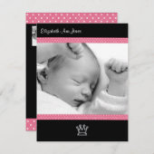 黒い女の赤ちゃんAnnounementsのピンクの水玉模様 案内状 (正面/裏面)