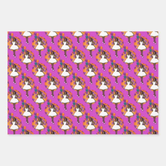 黒い女性のカラフル風船の花模様 ラッピングペーパーシート (正面3)