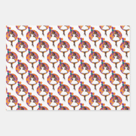 黒い女性のカラフル風船の花模様 ラッピングペーパーシート