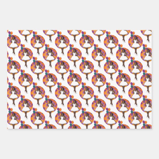 黒い女性のカラフル風船の花模様 ラッピングペーパーシート (正面)