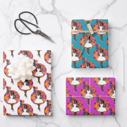 黒い女性のカラフル風船の花模様 ラッピングペーパーシート (正面)