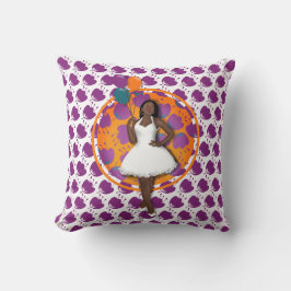 黒い女性のカラフル風船フラワーパターンホワイト クッション