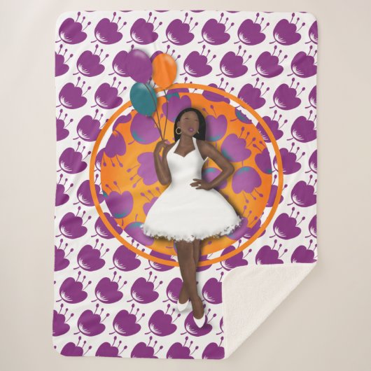 黒い女性のカラフル風船フラワーパターンホワイト シェルパブランケット (正面)