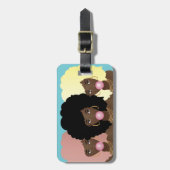 黒い女性の友人，バブルガム，自然の髪，青 ラゲッジタグ (正面縦)