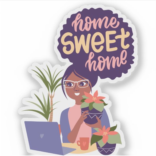 黒い女性熱狂する植物レディ、ホームスイートホーム シール (正面)