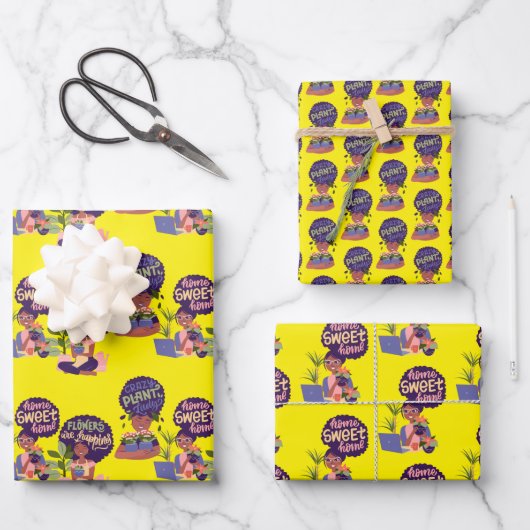 黒い女性熱狂する植物レディ、ホームスイートホーム ラッピングペーパーシート (正面)