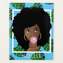 黒い女性、ポップ気泡ガムの葉のパターン青