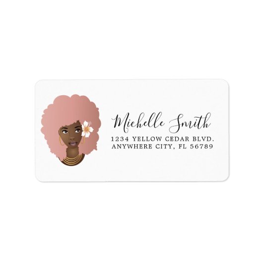 黒い女性、花とピンクの自然の髪のアフロー ラベル (正面)