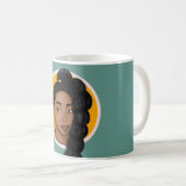 黒い女性、高いパフポニーテール、ターコイズ コーヒーマグカップ (正面右)
