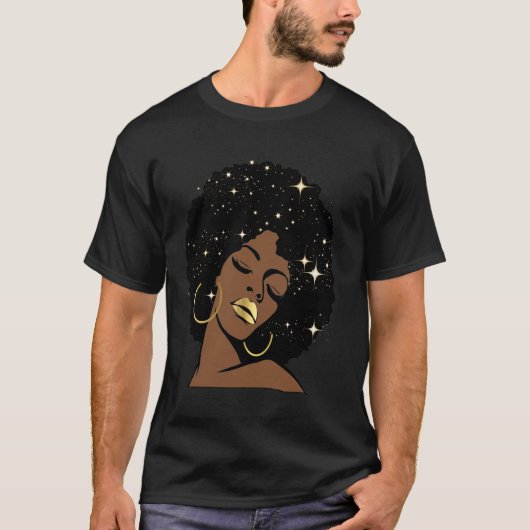 黒い女王の星々 天体のアフロ ディーバ 黒人女性 Tシャツ (正面)