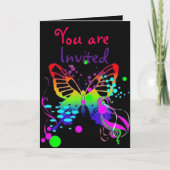 黒い子供のパーティーの招待のメガ色の蝶 招待状 (正面)