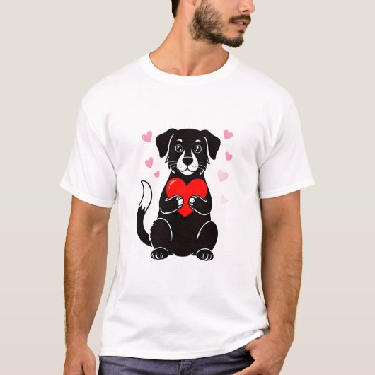 黒い子犬が赤いハートを持っている Tシャツ (正面)