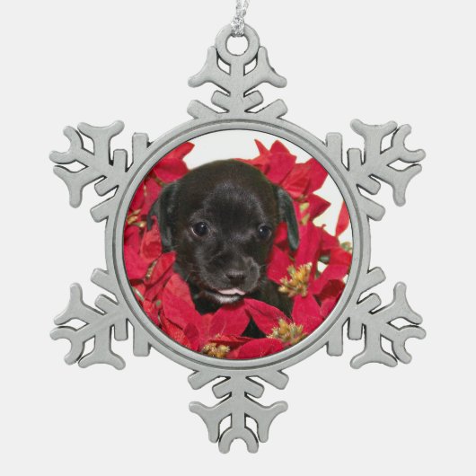 黒い子犬のクリスマス スノーフレークピューターオーナメント (正面)
