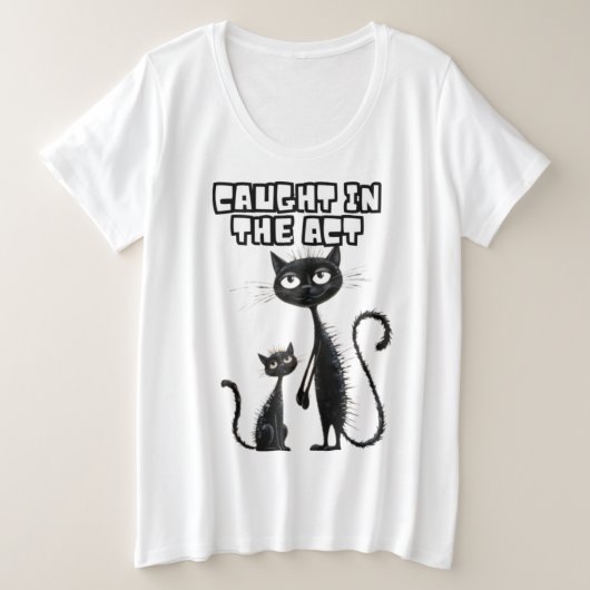 黒い子猫と漫画の小さなコンパニオンスタイル プラスサイズTシャツ (デザイン正面)