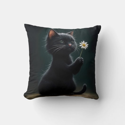 黒い子猫と白いデイジー クッション (正面)