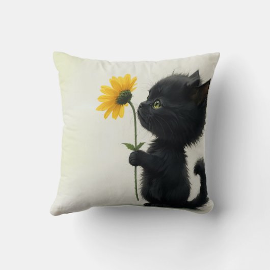 黒い子猫と黄色のデイジーと引用文 クッション (裏面)