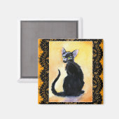 黒い子猫ネコ、レース、オレンジ色のマグネット マグネット (正面/裏面)
