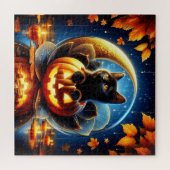 黒い子猫、秋の紅葉、月とカボチャ ジグソーパズル (横)