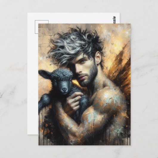 黒い子羊を持つ男性の妖精 ポストカード (正面/裏面)