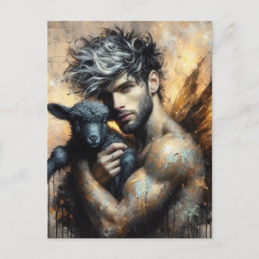 黒い子羊を持つ男性の妖精 ポストカード (正面)