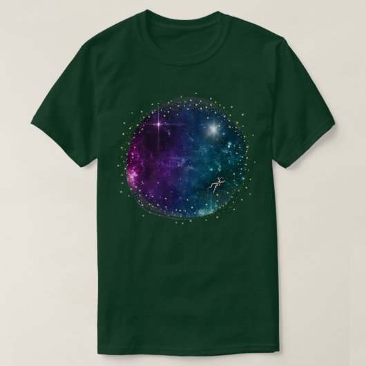 黒い宇宙と星とガレーの宇宙飛行士 Tシャツ (デザイン正面)