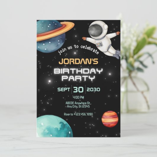 黒い宇宙の惑星での宇宙飛行士の誕生日 招待状 (スタンド正面)