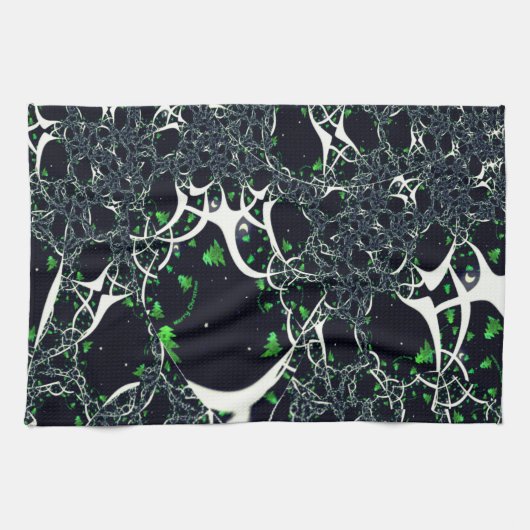 黒い宇宙、ニット上の不完全な白フラクタル キッチンタオル (横)