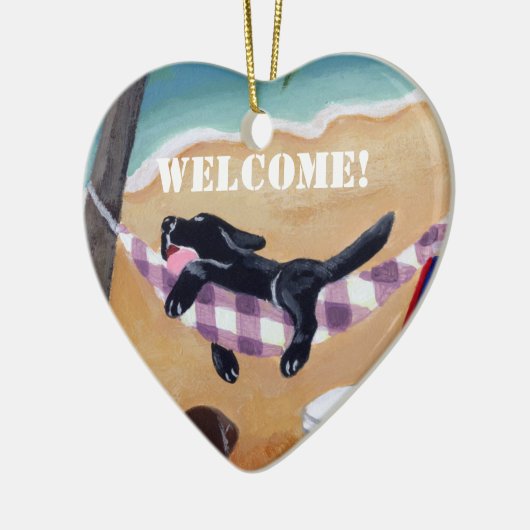 黒い実験室の子犬の睡眠のドア・ハンガー セラミックオーナメント (左)