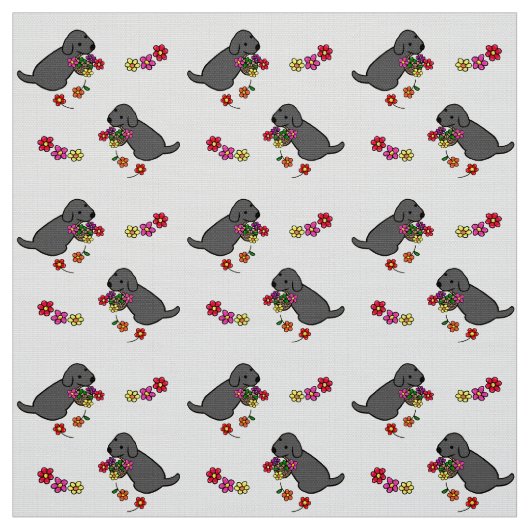 黒い実験室の子犬の花のバスケットの漫画 ファブリック (見本)