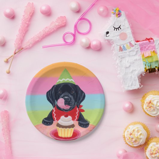 黒い実験室の子犬の誕生日のカップケーキの紙皿 ペーパープレート (パーティー)