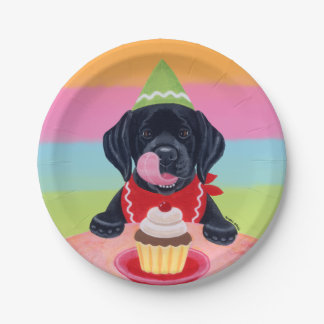 黒い実験室の子犬の誕生日のカップケーキの紙皿 ペーパープレート