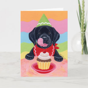 黒い実験室の子犬の誕生日のカップケーキの絵画 カード