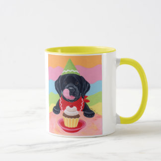 黒い実験室の子犬の誕生日のカップケーキの絵画 マグカップ