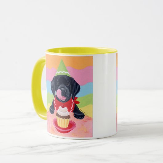 黒い実験室の子犬の誕生日のカップケーキの絵画 マグカップ (正面左)