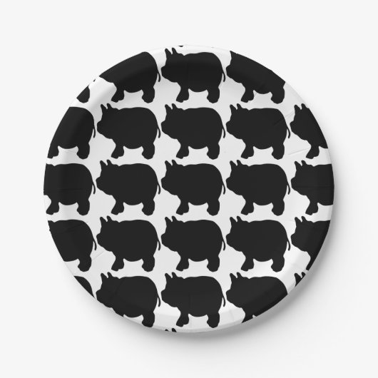 黒い小型ブタのシルエットの紙皿7つ ペーパープレート (正面)