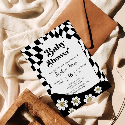 黒い市松模様に女 |ギンガム | 70sベビーシャワーI 招待状
