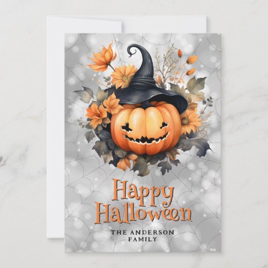 黒い帽子をかぶった不気味なカボチャのハッピーハロウィンカード シーズンカード (正面)