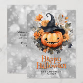 黒い帽子をかぶった不気味なカボチャのハッピーハロウィンカード シーズンカード (正面/裏面)