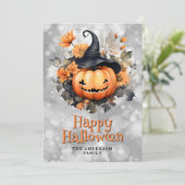 黒い帽子をかぶった不気味なカボチャのハッピーハロウィンカード シーズンカード (スタンド正面)