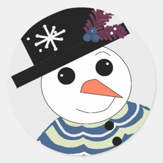 黒い帽子をかぶった微笑みの雪だるま ラウンドシール (正面)