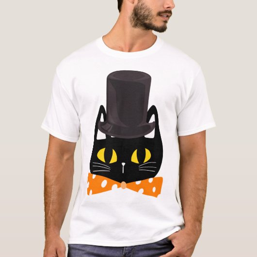 黒い帽子をかぶった面白い黒猫 – かわいい猫のデザイン Tシャツ (正面)