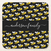 黒い幸せでぶつぶつ蜂のおもしろいユーモアのモノグラムのスクリプト スクエアペーパーコースター (正面)