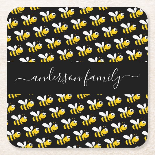 黒い幸せでぶつぶつ蜂のおもしろいユーモアのモノグラムのスクリプト スクエアペーパーコースター (正面)