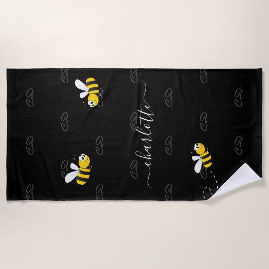 黒い幸せでぶつぶつ蜂の夏のおもしろいユーモアのモノグラム ビーチタオル (正面)